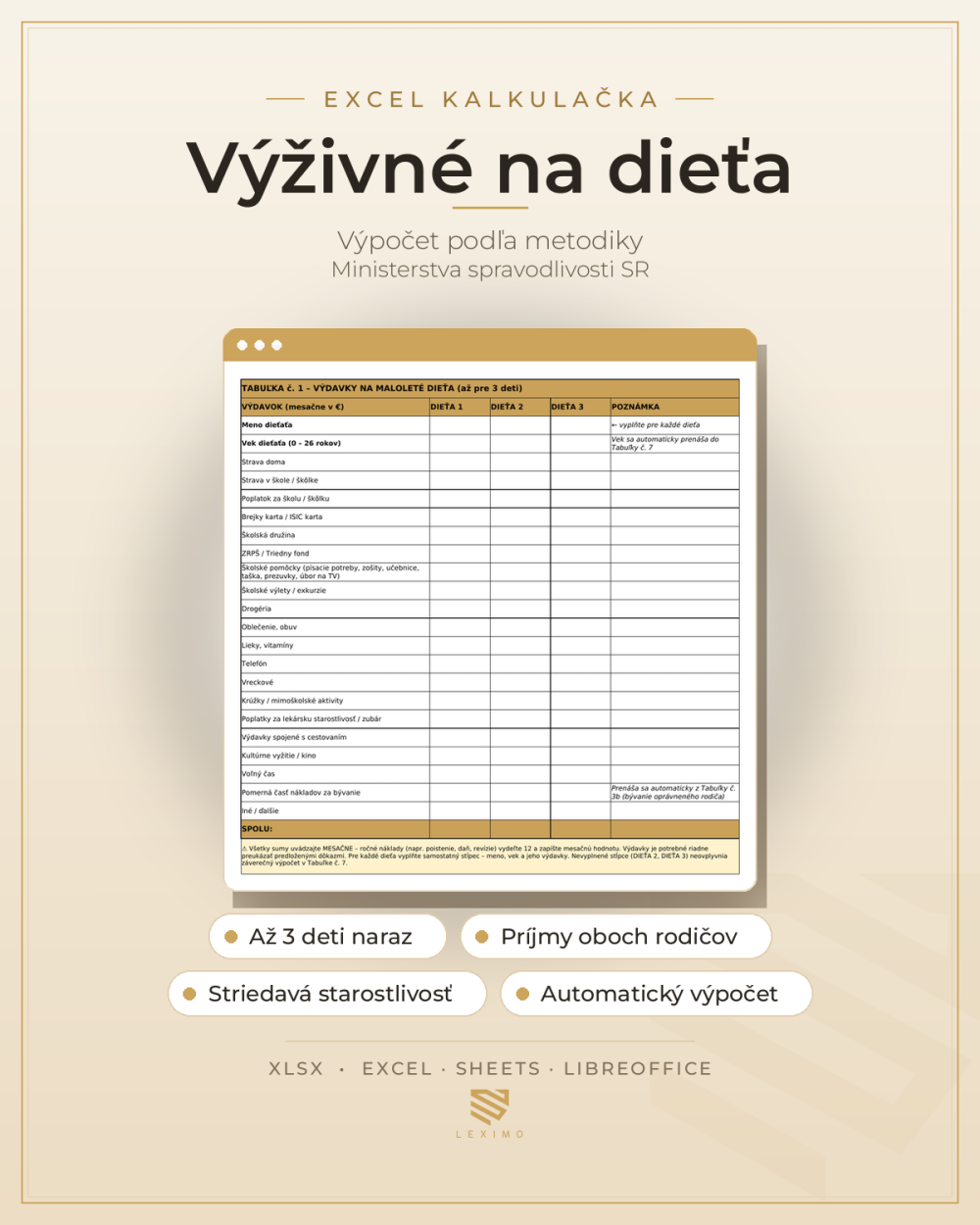 Kalkulačka výživného na dieťa - podľa metodiky MS SR